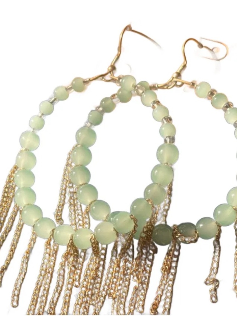 Plunder Gold and Pale Green Beaded Fringe Hoop Earrings